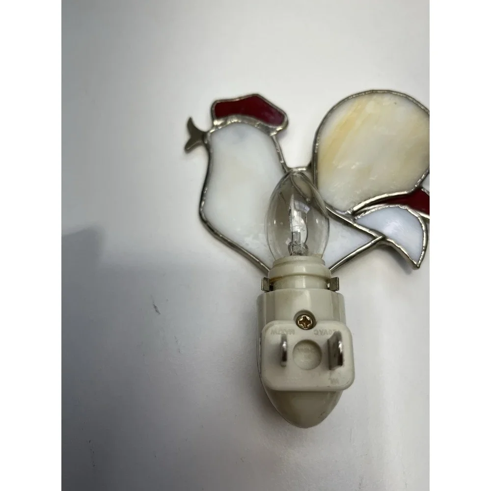 Vintage White Rooster Stained Glass Night Light Silver Tone Tiffany Style
